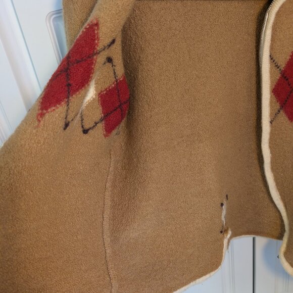 RARE Vintage 100% Wool  Camel Tan w/ Cream Trim Argyle Zip Cardigan | Size S/M - Picture 5 of 12